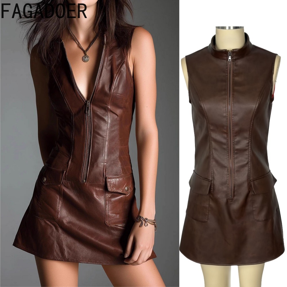 Shift Dress Sleeveless - FAGADOER Fashion Leather Zipper Patchwork Bodycon