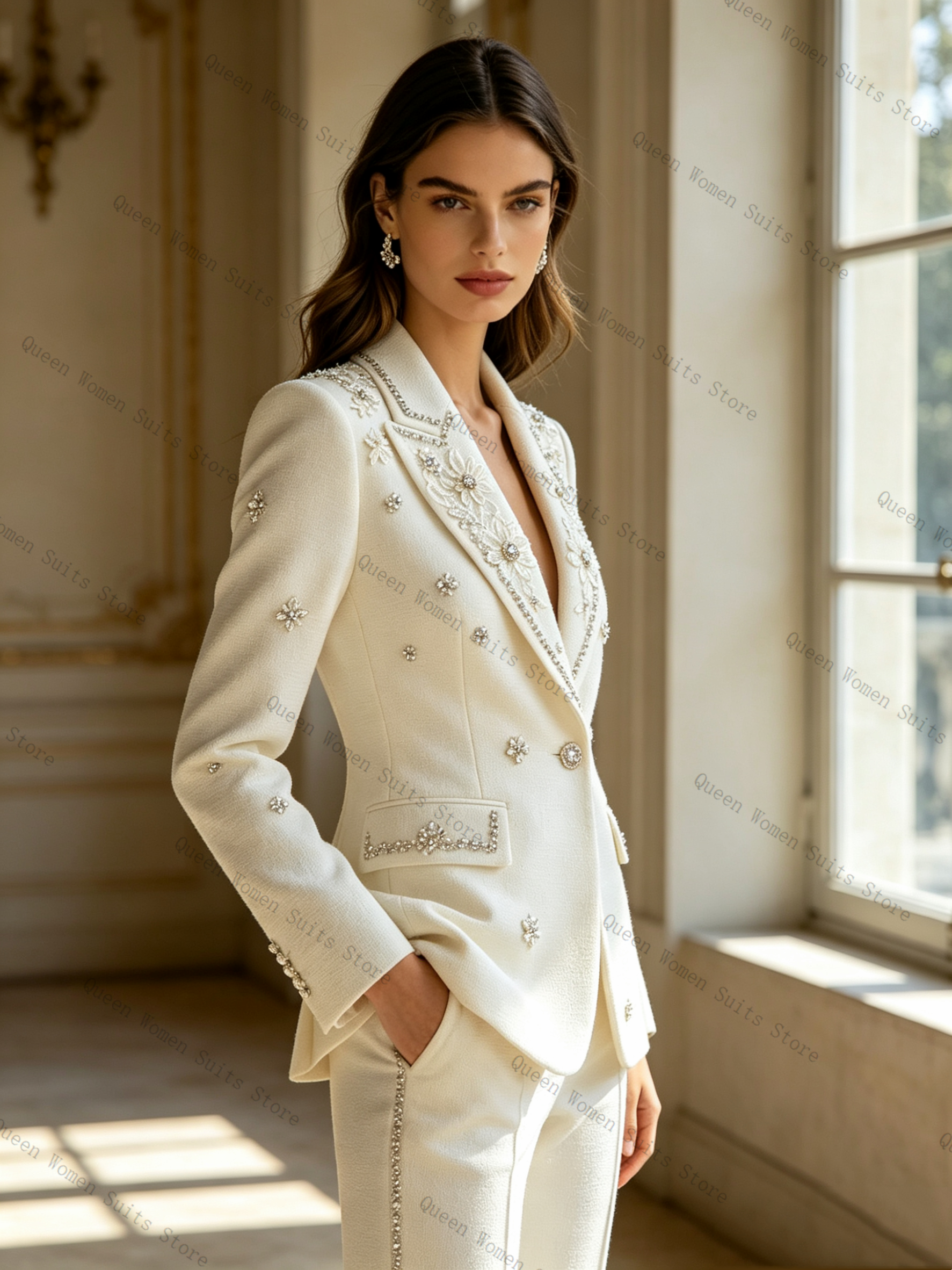 White Crystals Women Suit Set  - Women Formal Wear Coat ulasan dan harga