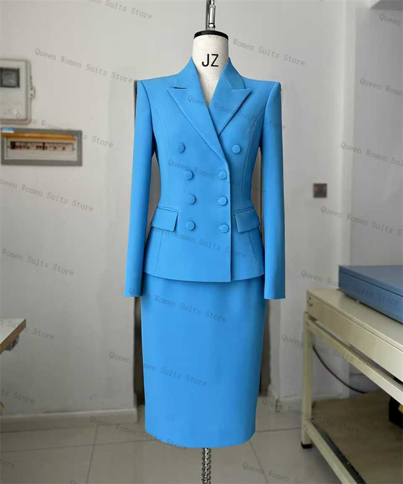 Sky Blue Women Suit Skirt Set  - Women Formal Wear Coat ulasan dan harga