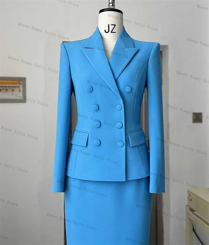 Sky Blue Women Suit Skirt Set  - Women Formal Wear Coat ulasan dan harga