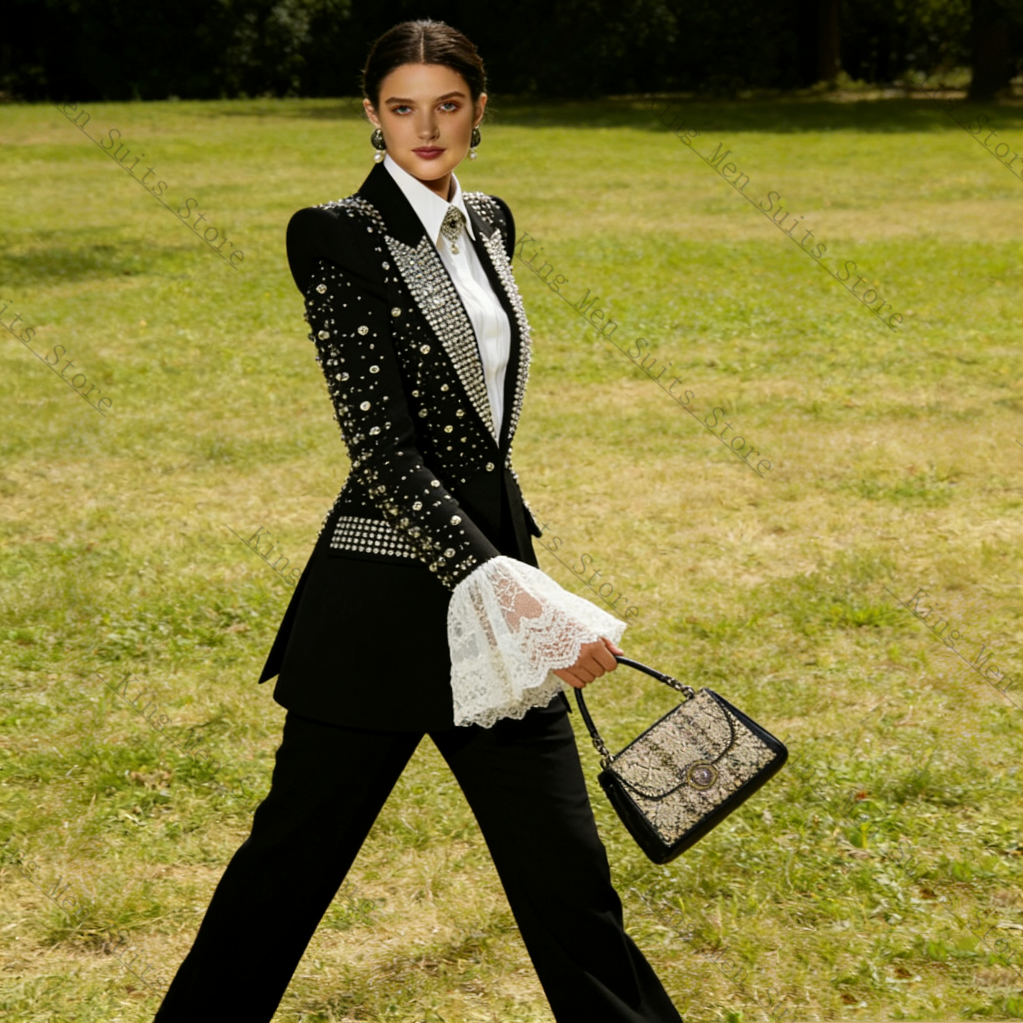 Crystals Black Women Suit Set  - Women Formal Wear Coat ulasan dan harga